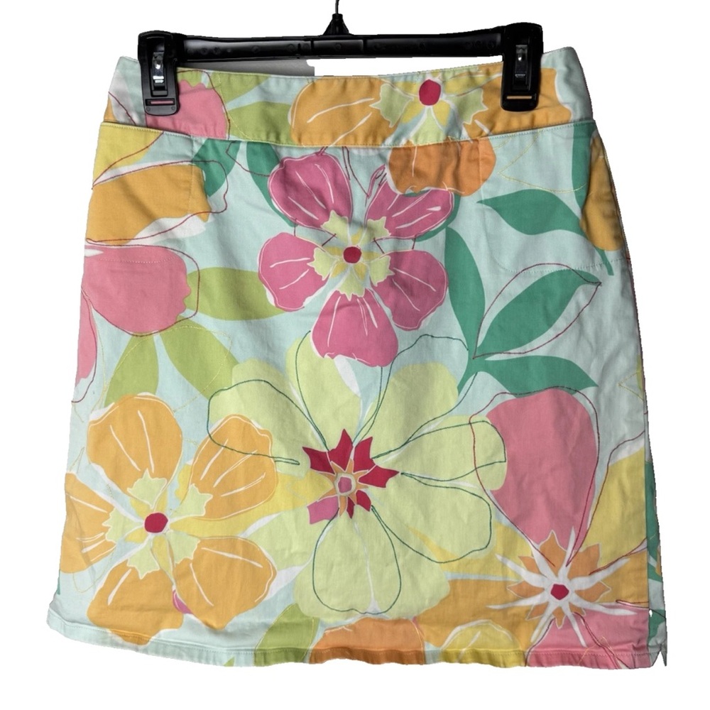 Talbots Tropical Floral Print Skirt Size 8 Bright Casual Back Zip Stretch Cotton